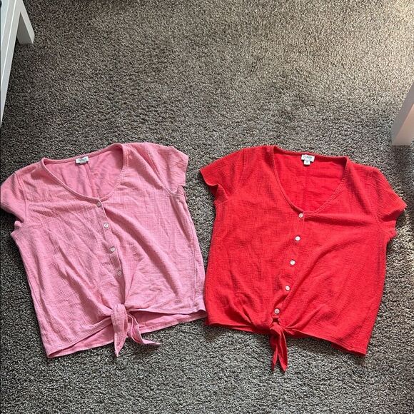 J. Crew Factory Women’s Bundle (2) Textured Tie Front Blouse Red/Pink Size M - Picture 1 of 8